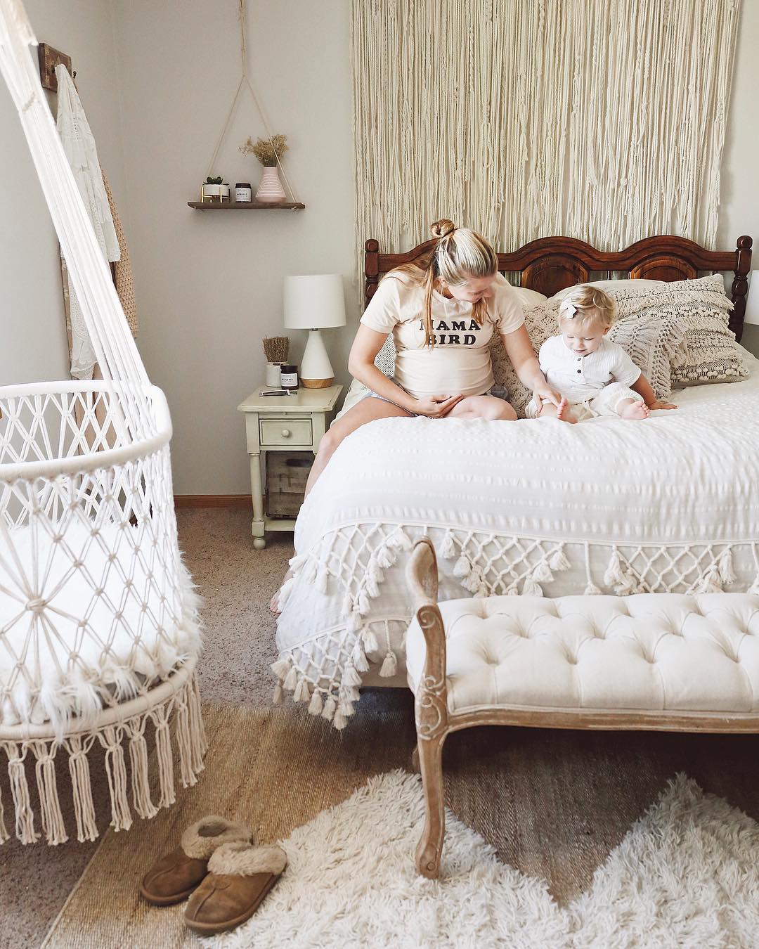 hanging cradle next to the king size bed