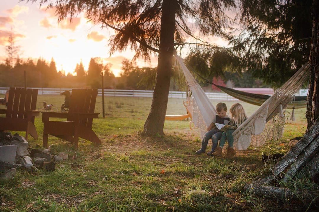 kids on a hammock in the backyard during sunset