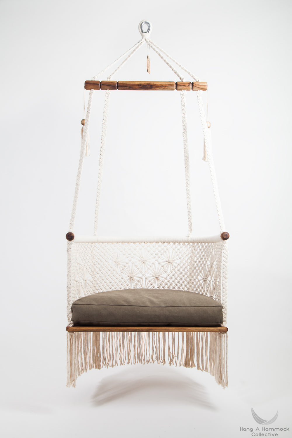 Cotton fabric cushion with natural cotton filling on teak hanging chair