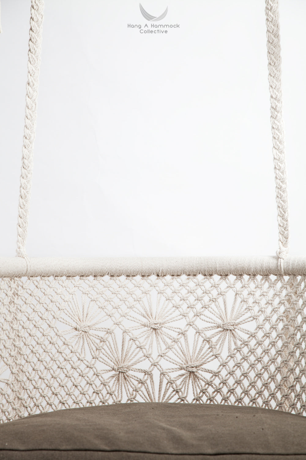 teak wood hanging chair with chair pad, detail