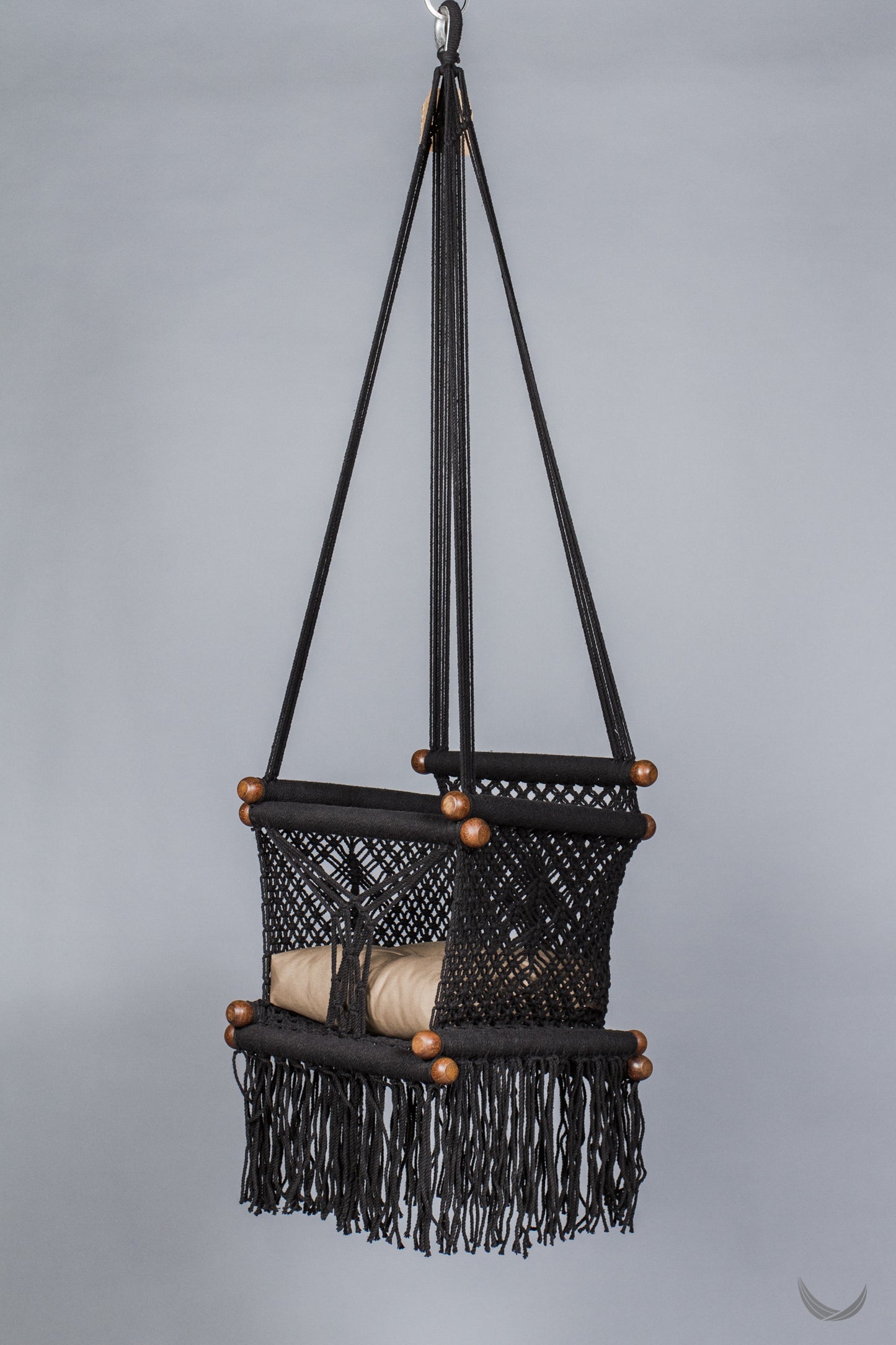 black color baby swing chair with a khaki color pad