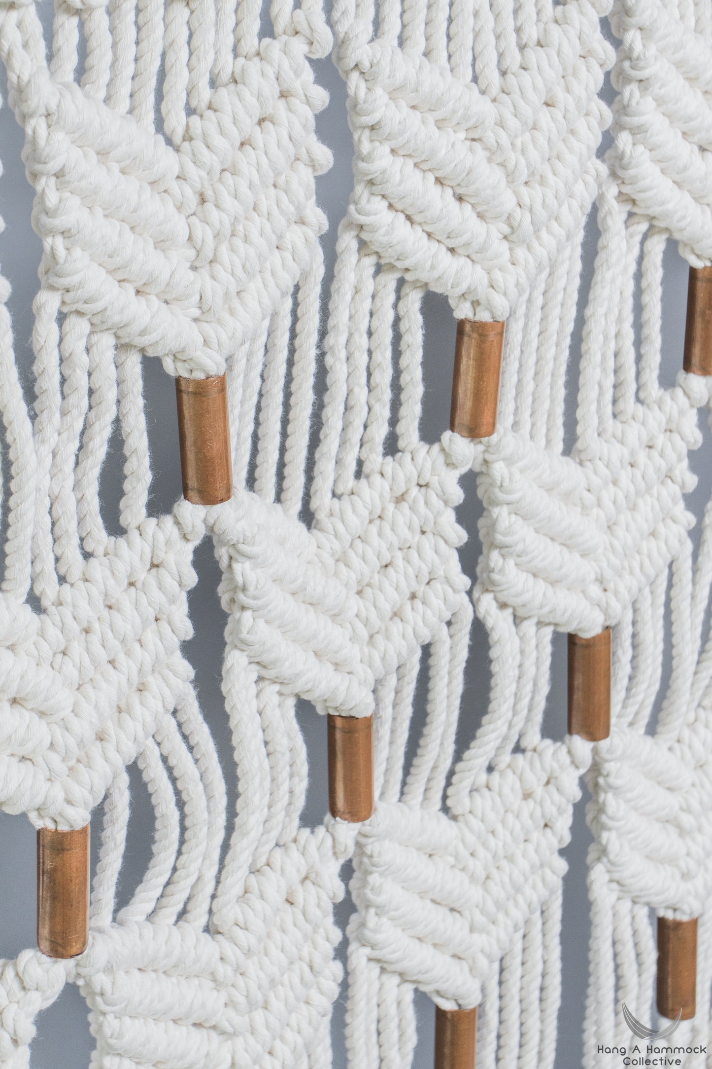 Wall Hanging in Macrame cotton and copper- studio picture - copper detail