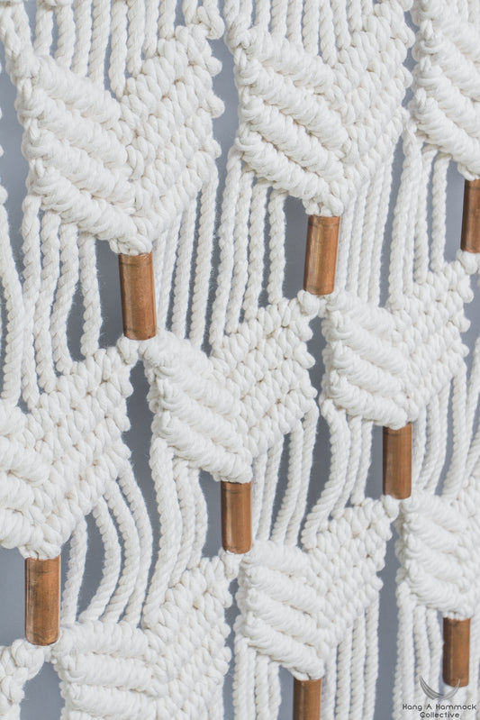Wall Hanging in Macrame cotton and copper- studio picture - copper detail
