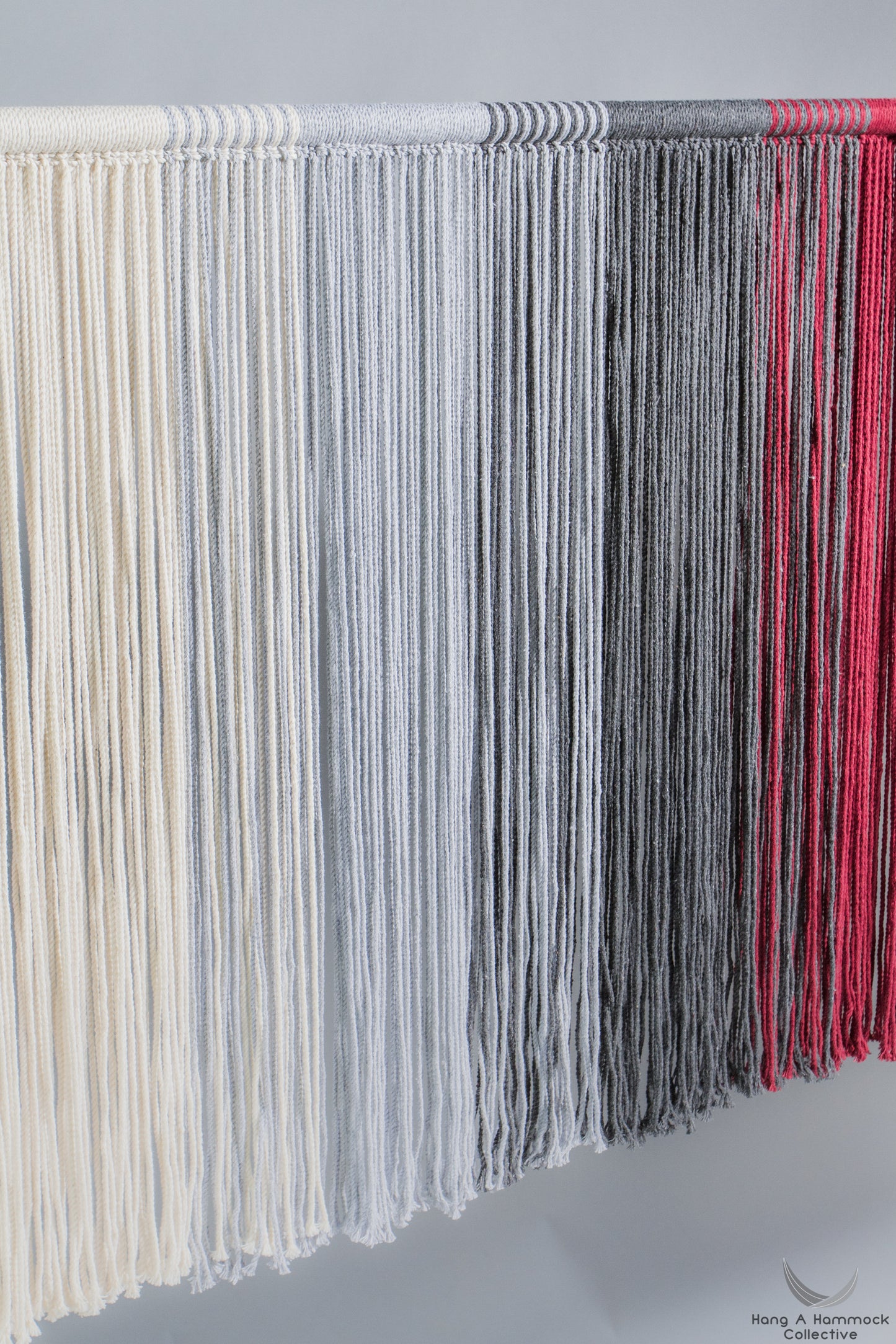 Wall Hanging in Macrame cream, grey and red cotton - studio picture - close up