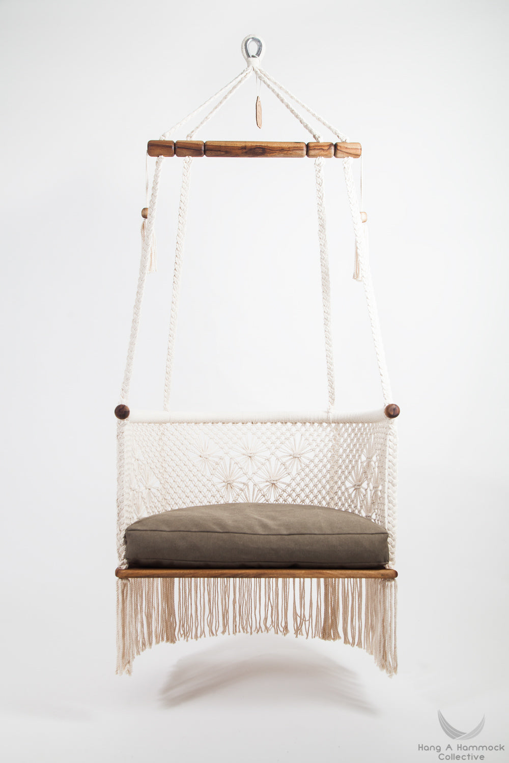 teak wood hanging chair with chair pad, front view