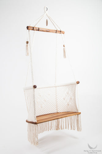teak wood hanging chair, side view