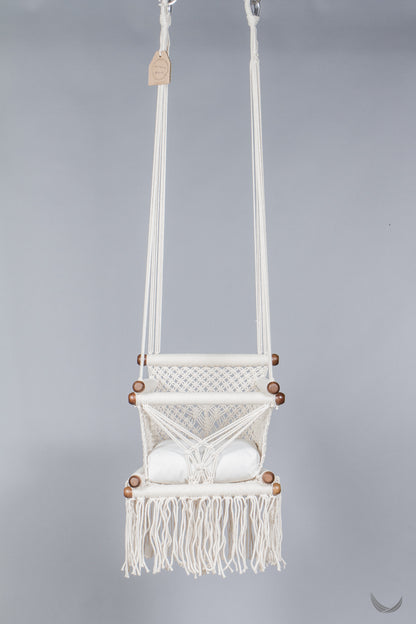 front side of ivory color baby swing chair with a ivory color pad