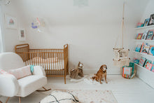 nursery with a nice dog and a swing chair in macrame next to a bookstore