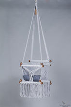 baby swing chair in grey - blue navy cushion - studio picture
