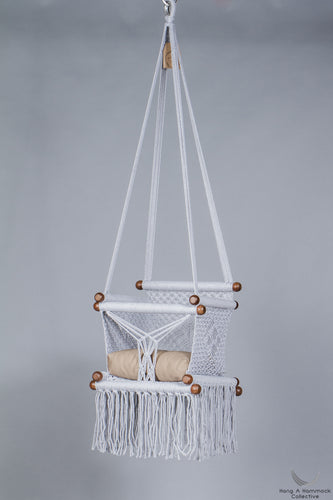 baby swing chair in gray - khaki cushion - studio picture