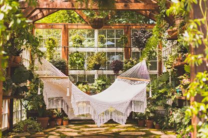 macrame hammock in a green house